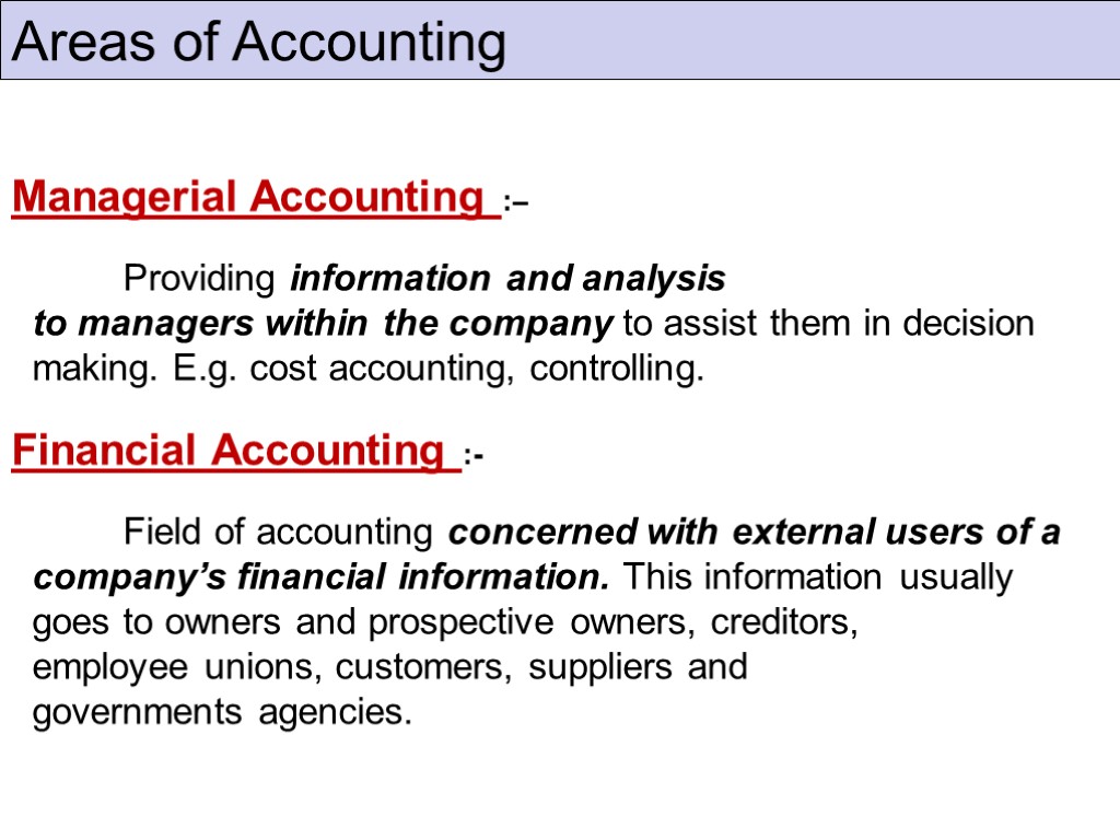Areas of Accounting Managerial Accounting :– Providing information and analysis to managers within the